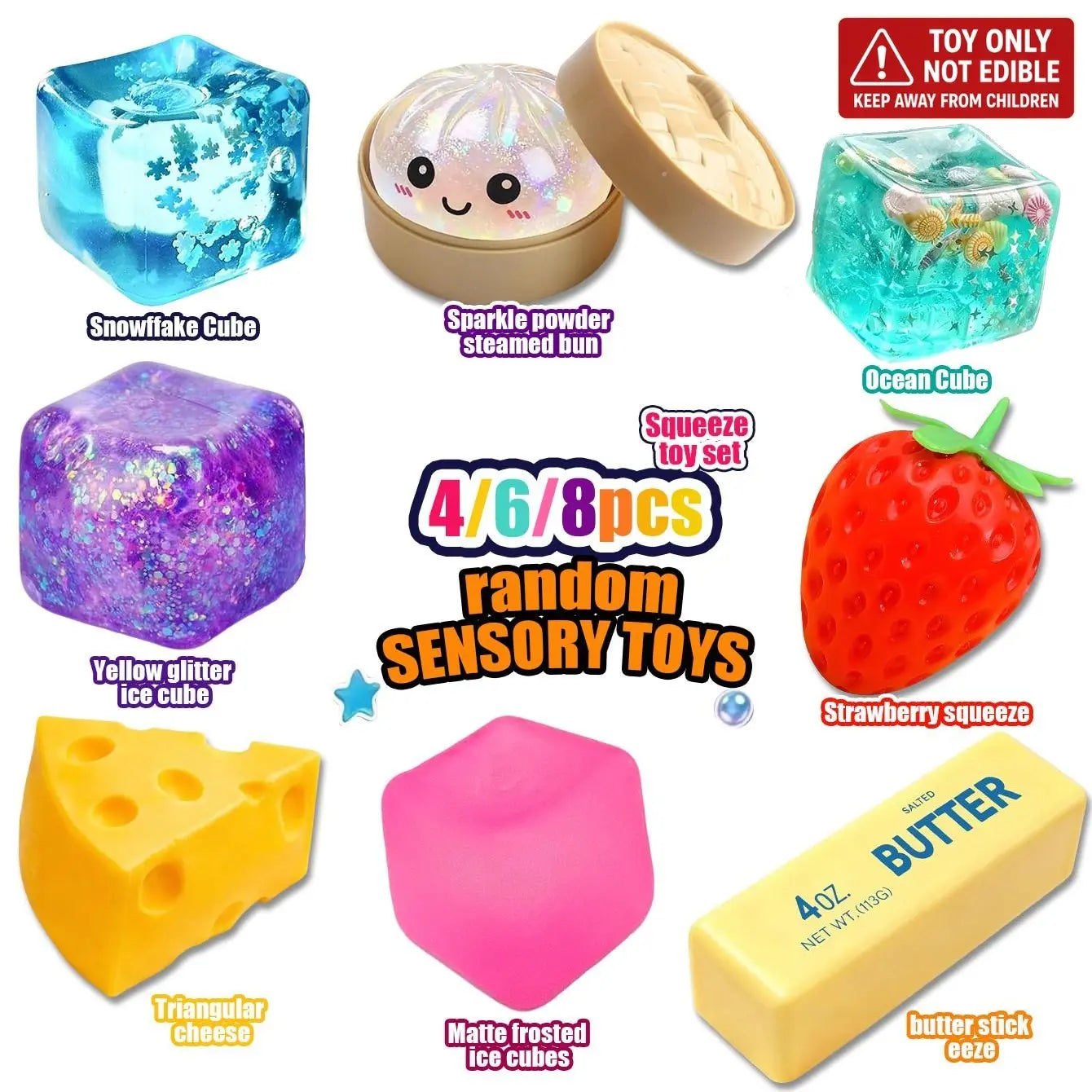 4/6/8-Piece Squishy Stress Relief Toy Set, Fun Fidget Sensory Combo Pack, Ice Cube, Strawberry Stress Ball & Steamed Bun Squishies, Kids Party Gift