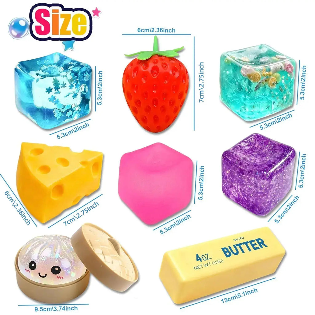 4/6/8-Piece Squishy Stress Relief Toy Set, Fun Fidget Sensory Combo Pack, Ice Cube, Strawberry Stress Ball & Steamed Bun Squishies, Kids Party Gift