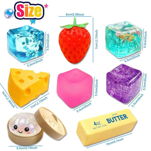 4/6/8-Piece Squishy Stress Relief Toy Set, Fun Fidget Sensory Combo Pack, Ice Cube, Strawberry Stress Ball & Steamed Bun Squishies, Kids Party Gift