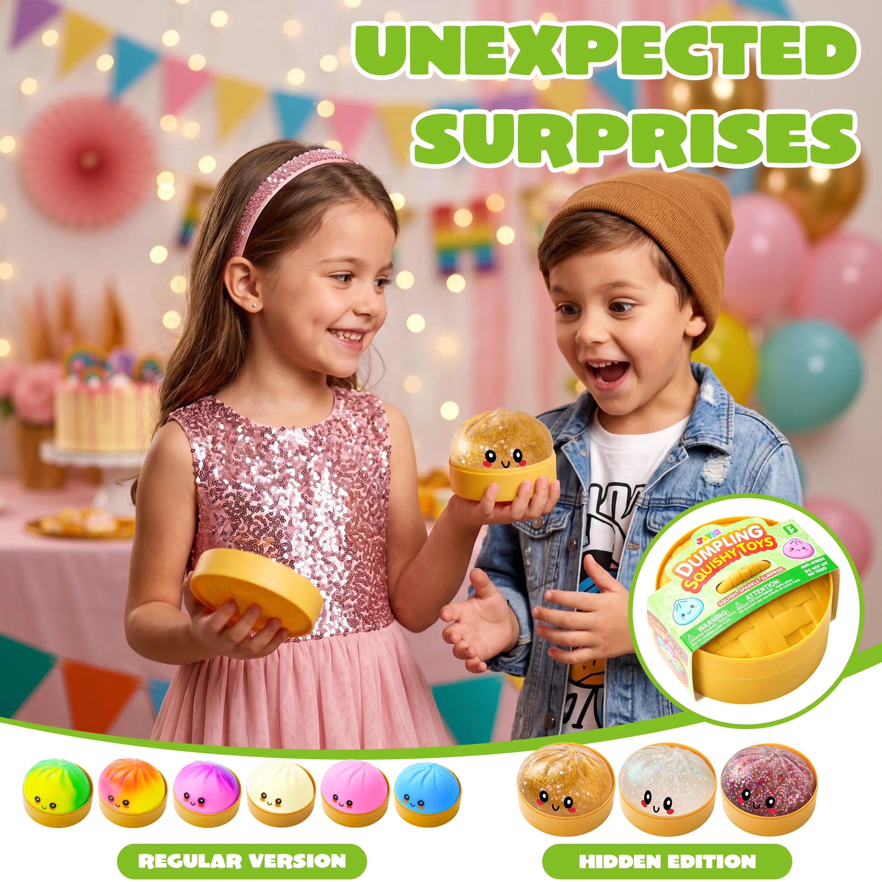 JOYIN 1Pcs Dumpling Mystery Box Quick Rebound,Full of Surprises,Not ALL Glitter, Random Styles Surprise, Colorful Soft Squeeze Stress Balls Fidget Sensory Toy, Decompression Gift for Kids Adults Toy, Soft Sensory Squeeze Toy