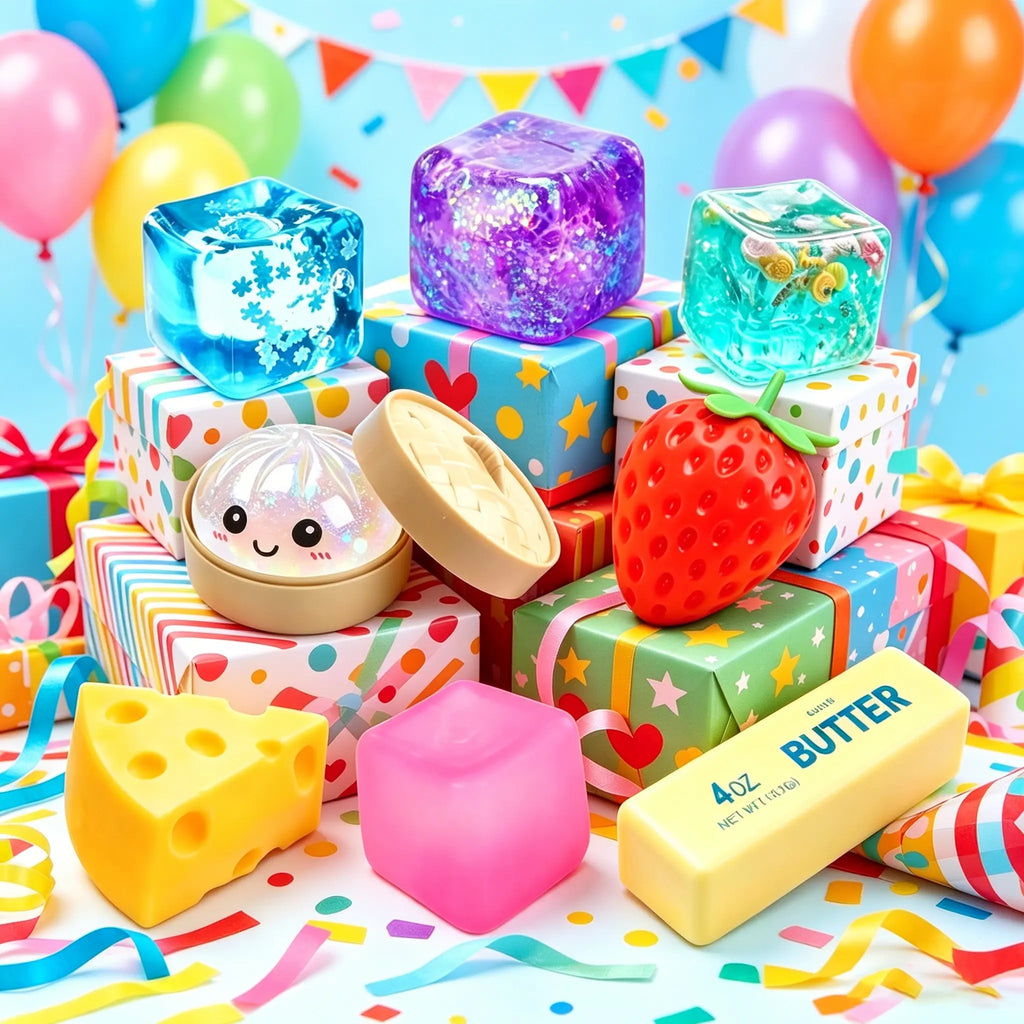 4/6/8-Piece Squishy Stress Relief Toy Set, Fun Fidget Sensory Combo Pack, Ice Cube, Strawberry Stress Ball & Steamed Bun Squishies, Kids Party Gift
