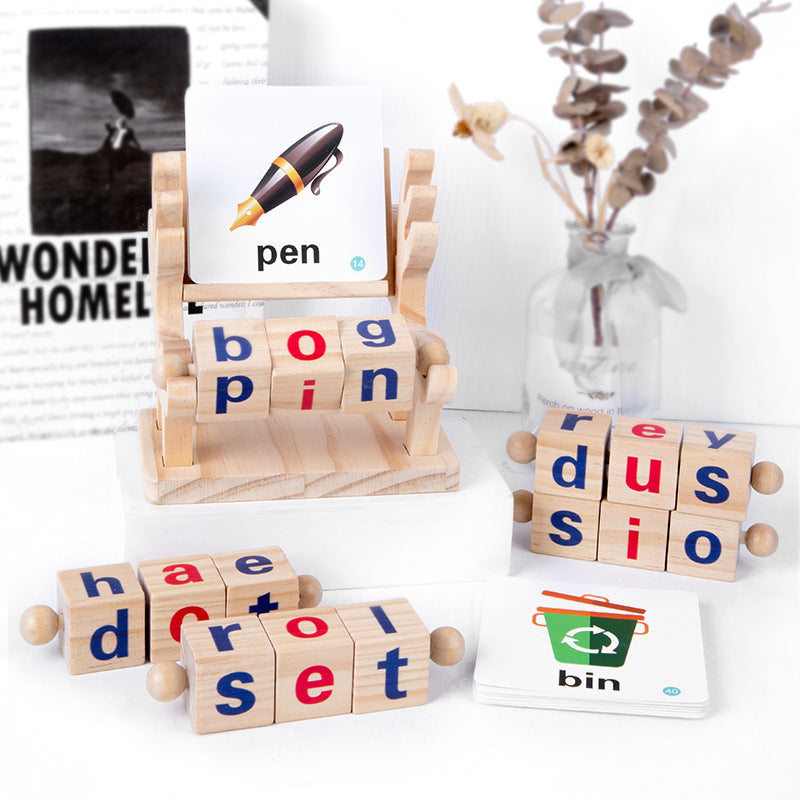 Wooden puzzle toys for babies, English spelling and word building blocks, children's early education letter cube, wooden toys